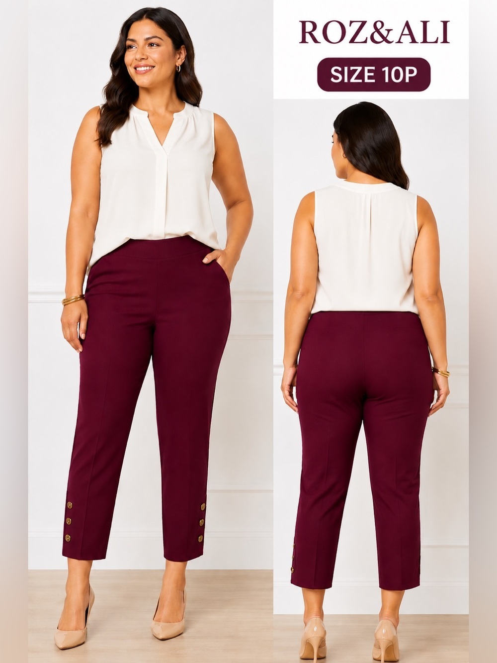 ROZ & ALI Women's Burgundy Pants with Button Detail/size 10P